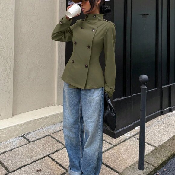 Army Green Casual Women's Long Sleeve Double-Breasted mini Trench Coat - Picture 3 of 5